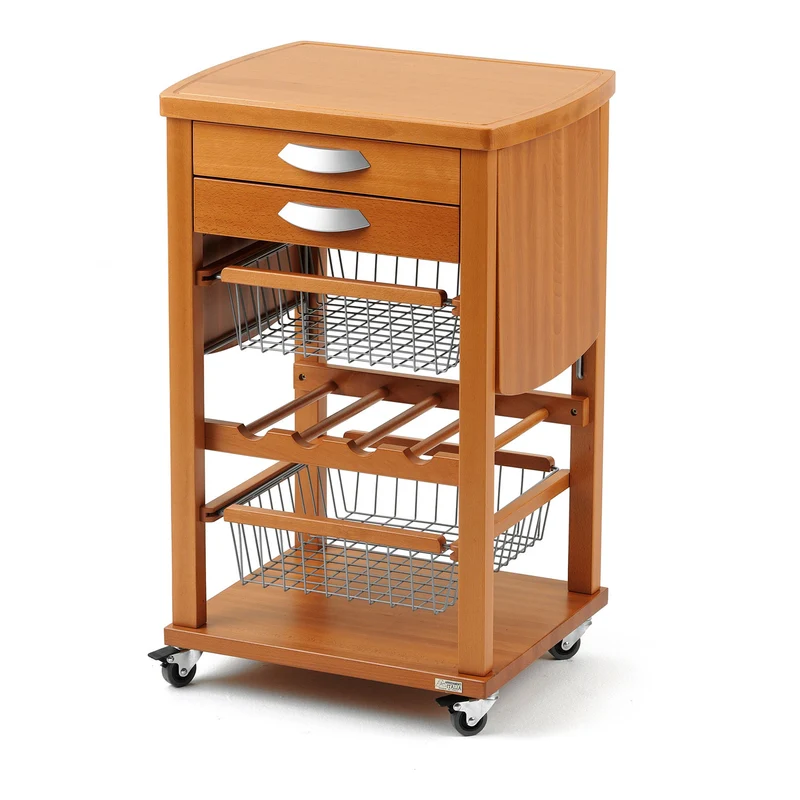 ARIT Santiago – Küchenwagen aus massiver Buche mit Arbeitsplatte, klappbaren Seitenablagen, 3 Schubladen, 2 Körben und Flaschenregal, Made in Italy