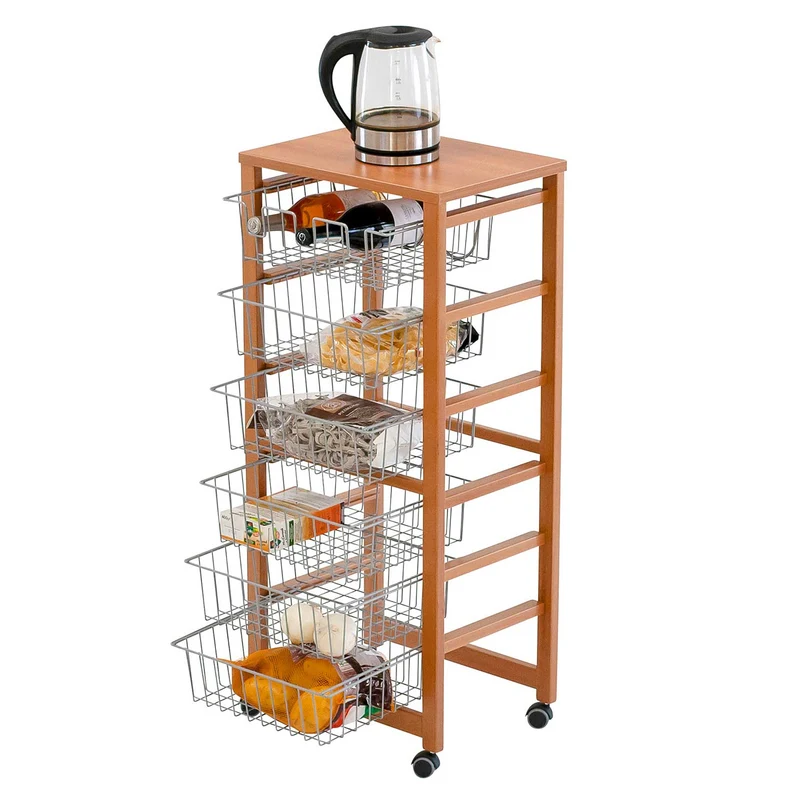 ARIT - Küchenwagen mit arbeitsplatte GUSTAVO, Küchenrollwagen 5 Körbe, 1 Flaschenhalter, Rollwagen Küche, Küchenwagen holz, Kirsche