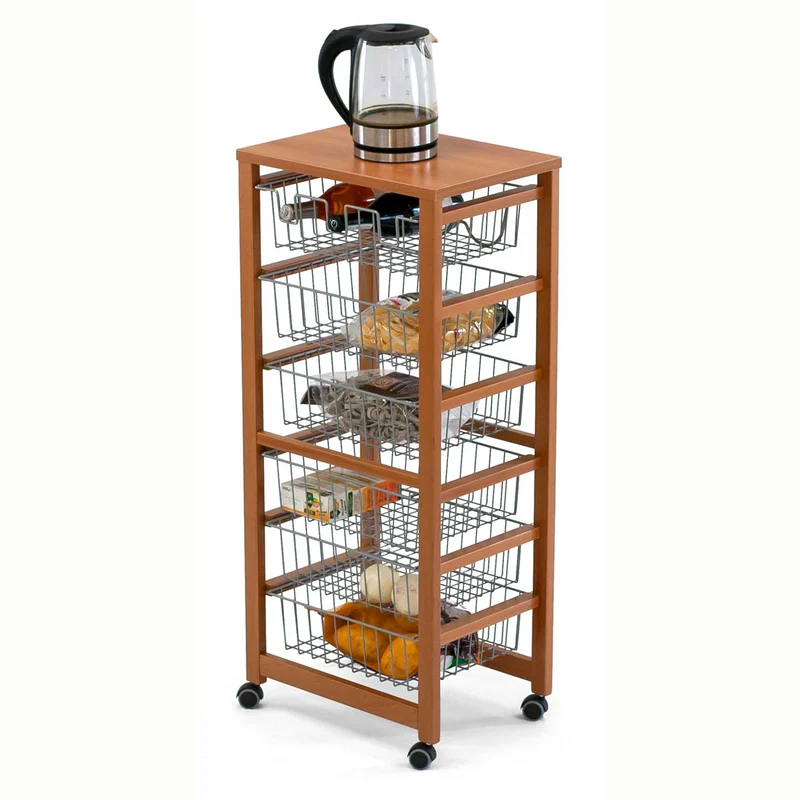 ARIT - Küchenwagen mit arbeitsplatte GUSTAVO, Küchenrollwagen 5 Körbe, 1 Flaschenhalter, Rollwagen Küche, Küchenwagen holz, Kirsche