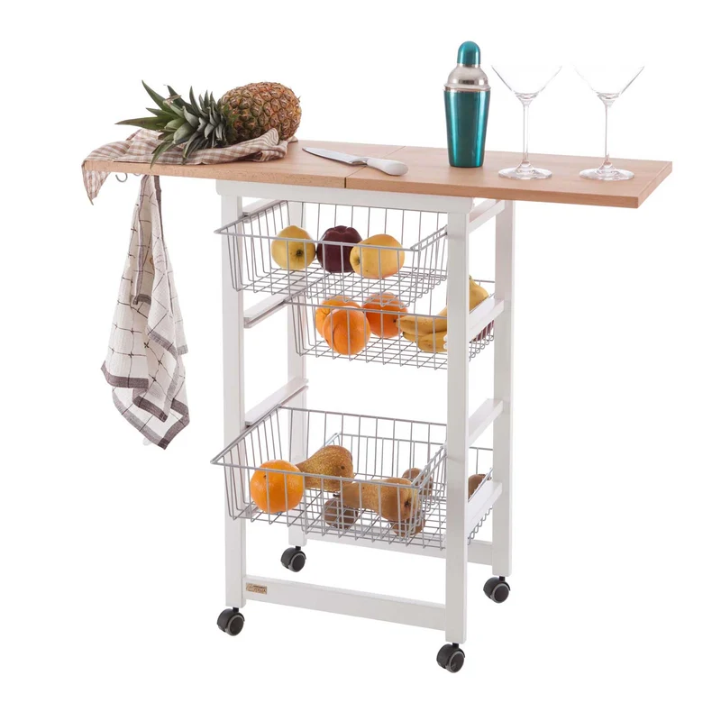 Arit Gasrtonchino - Küchenwagen, Rollwagen Küche, Servierwagen Holz, mit arbeitsplatteaus klappbarer Arbeitsplatte 48 bis 96 cm, massiver Buche, Weiß