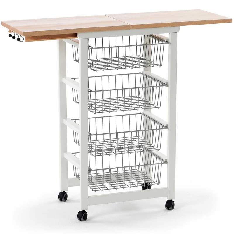 Arit Gasrtonchino - Küchenwagen, Rollwagen Küche, Servierwagen Holz, mit arbeitsplatteaus klappbarer Arbeitsplatte 48 bis 96 cm, massiver Buche, Weiß