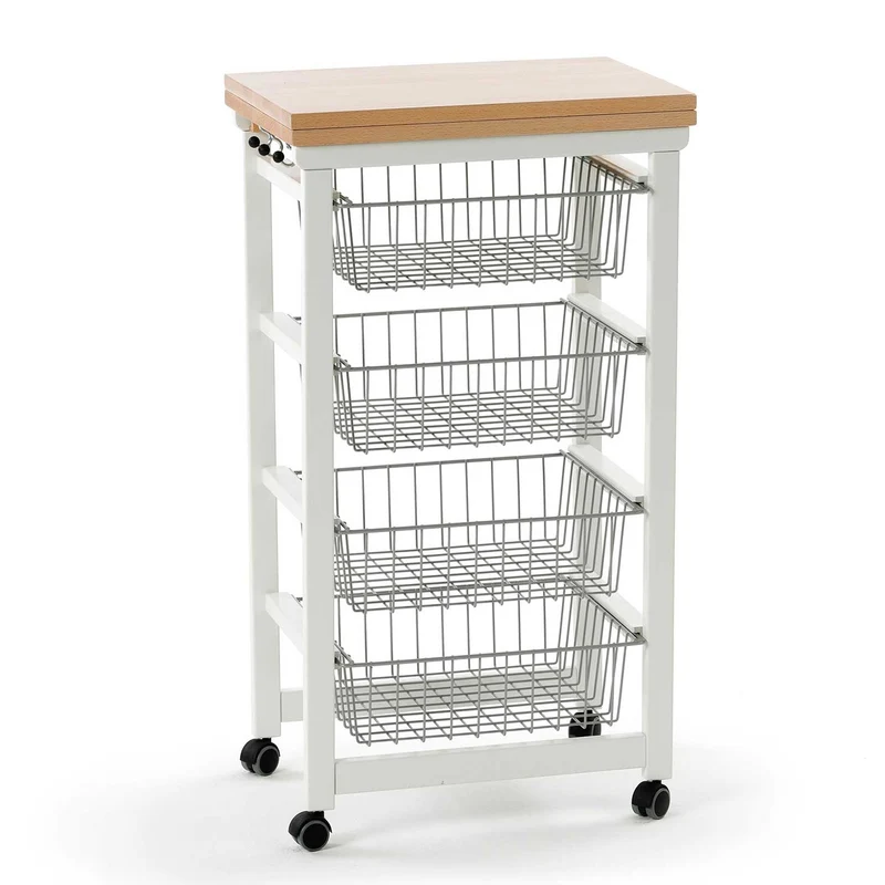 Arit Gasrtonchino - Küchenwagen, Rollwagen Küche, Servierwagen Holz, mit arbeitsplatteaus klappbarer Arbeitsplatte 48 bis 96 cm, massiver Buche, Weiß
