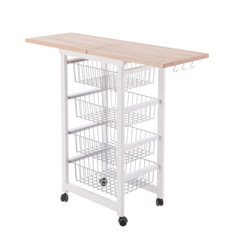 Arit Gasrtonchino - Küchenwagen, Rollwagen Küche, Servierwagen Holz, mit arbeitsplatteaus klappbarer Arbeitsplatte 48 bis 96 cm, massiver Buche, Weiß