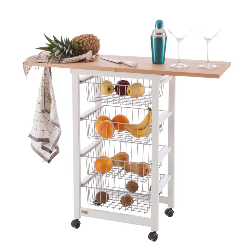 Arit Gasrtonchino - Küchenwagen, Rollwagen Küche, Servierwagen Holz, mit arbeitsplatteaus klappbarer Arbeitsplatte 48 bis 96 cm, massiver Buche, Weiß