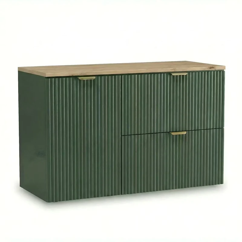 Waschtischunterschrank 100 cm mit Wäschekorb Willy - Salbei, Walnussplatte