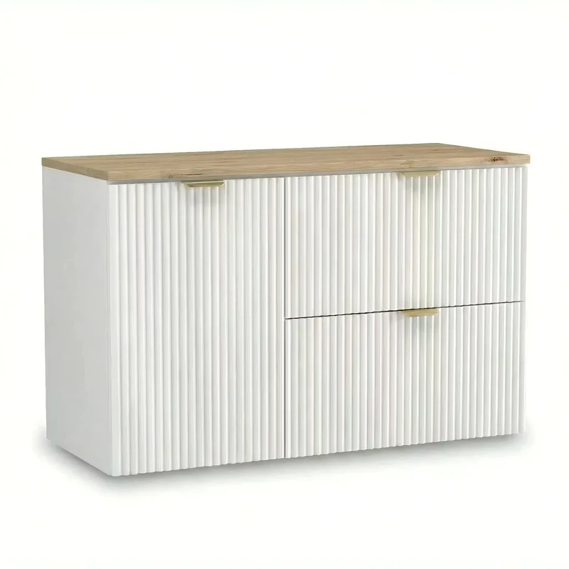Waschtischunterschrank 100 cm mit Wäschekorb Willy - Weiß, Walnussplatte