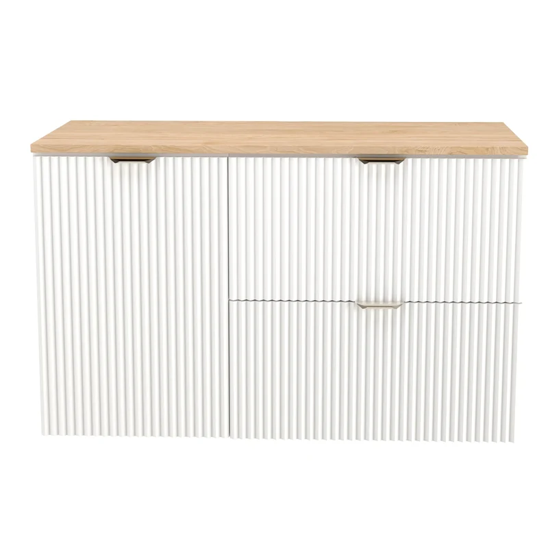 Waschtischunterschrank 100 cm mit Wäschekorb Willy - Weiß, Walnussplatte