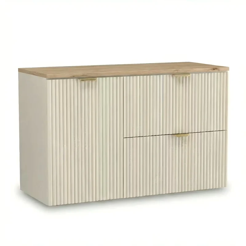 Waschtischunterschrank 100 cm mit Wäschekorb Willy - Kaschmir, Walnussplatte