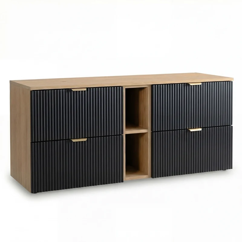Waschtischuntershrank 140 cm mit Regal Willy - Schwarz/Walnuss