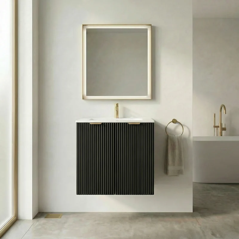 Waschtischunterschrank 60 cm mit Waschbecken, mit Türen Willy - Schwarz/Walnuss