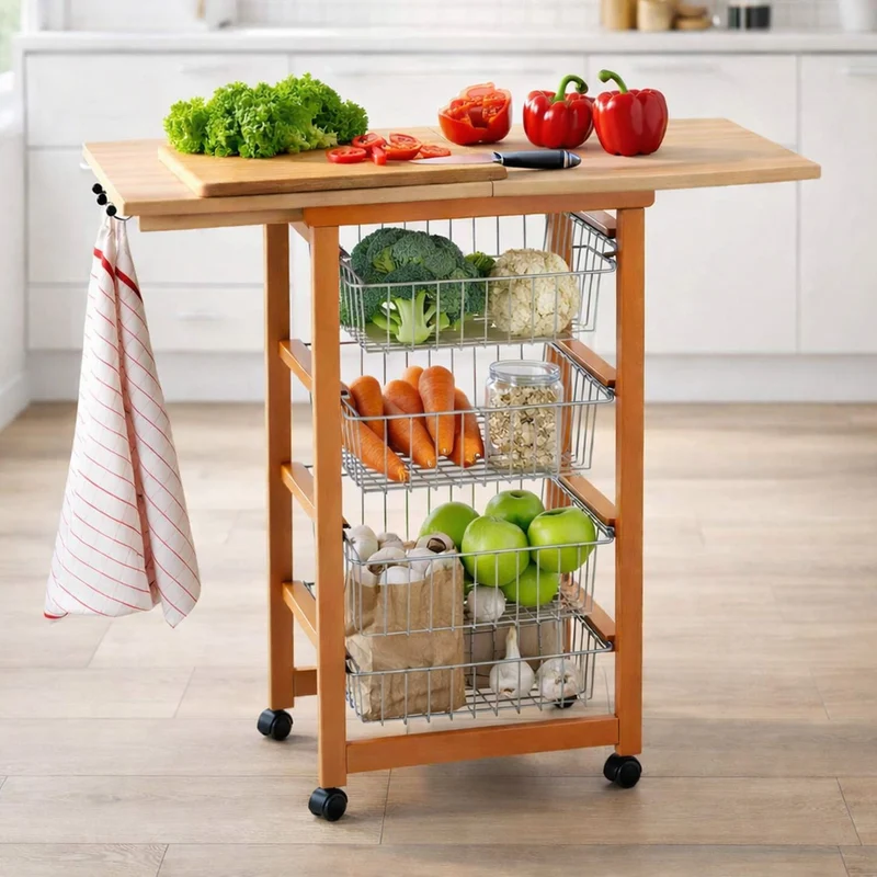 Arit Gastoncino - Küchenwagen mit arbeitsplatte, ausklappbarer Arbeitsplatte 48 bis 96 cm, massiver Buche, Küchenrollwagen, Küchenwagen holz, Kirsche