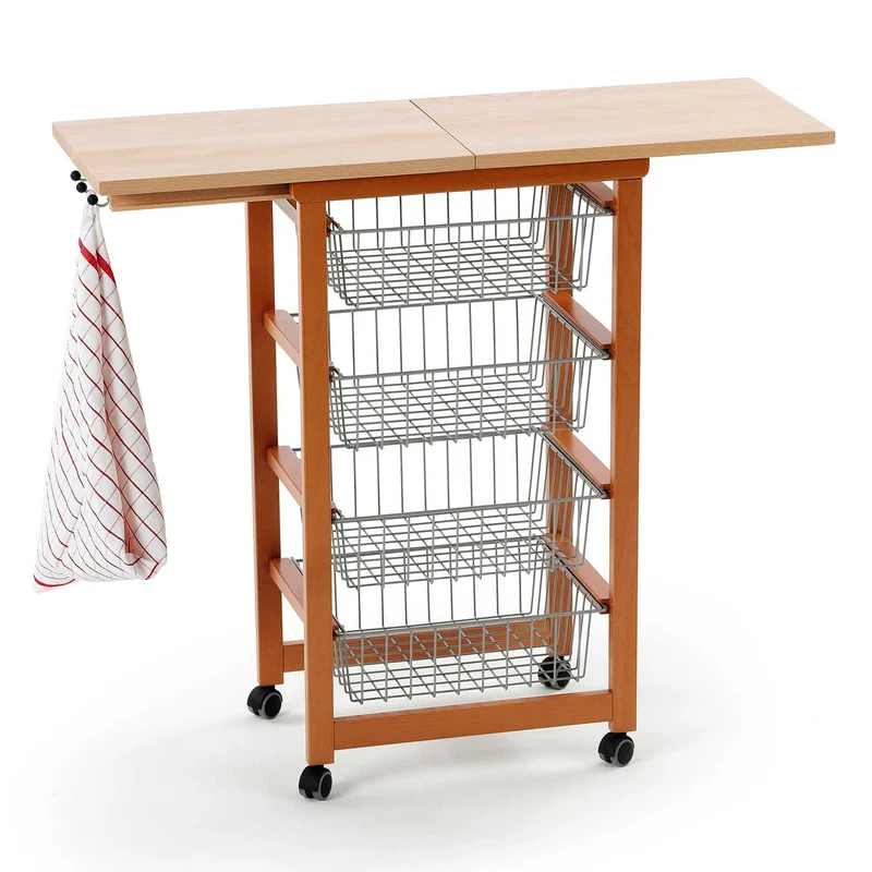 Arit Gastoncino - Küchenwagen mit arbeitsplatte, ausklappbarer Arbeitsplatte 48 bis 96 cm, massiver Buche, Küchenrollwagen, Küchenwagen holz, Kirsche