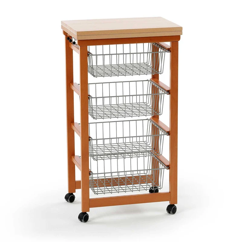 Arit Gastoncino - Küchenwagen mit arbeitsplatte, ausklappbarer Arbeitsplatte 48 bis 96 cm, massiver Buche, Küchenrollwagen, Küchenwagen holz, Kirsche