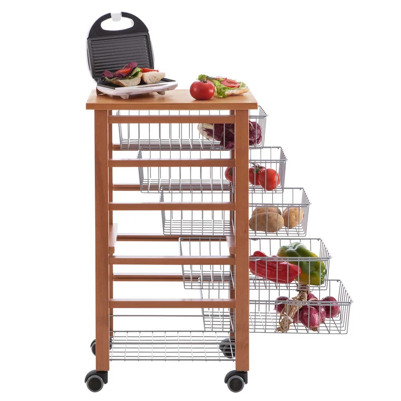 ARIT - Küchenwagen mit arbeitsplatte OLIVER, Küchenrollwagen, Rollwagen küche 5 Schiebekörbe, Küchenwagen holz, Kirsche