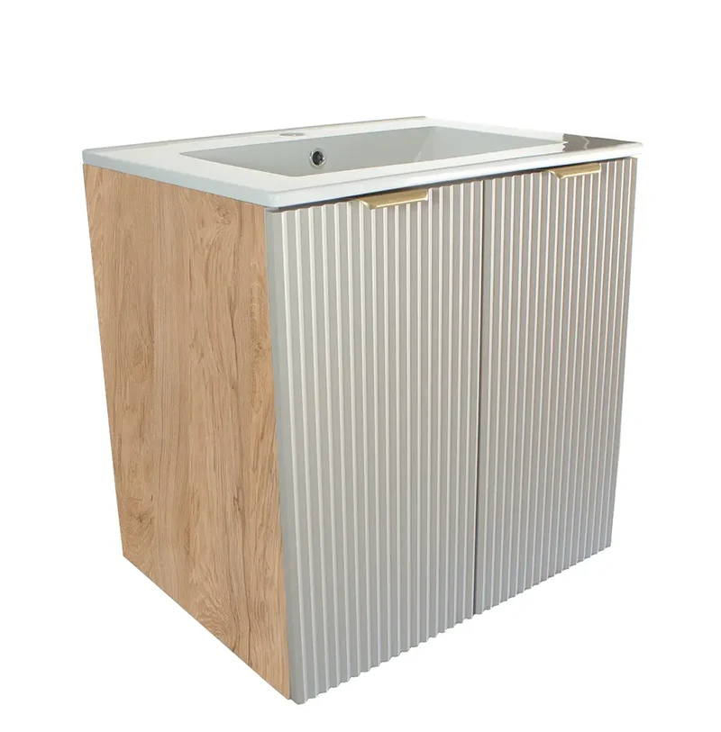 Waschtischunterschrank 60 cm mit Waschbecken, mit Türen Willy - Kaschmir/Walnuss