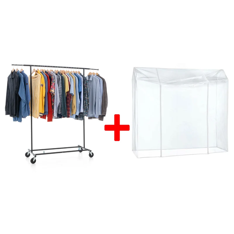 Tatkraft Derek & Big, Set, Schwerlast Kleiderständer mit Abdeckung, auf Rollen, bis 100 Kg, Profi, Stoffschrank, Faltbar und Verstellbar, Stahl