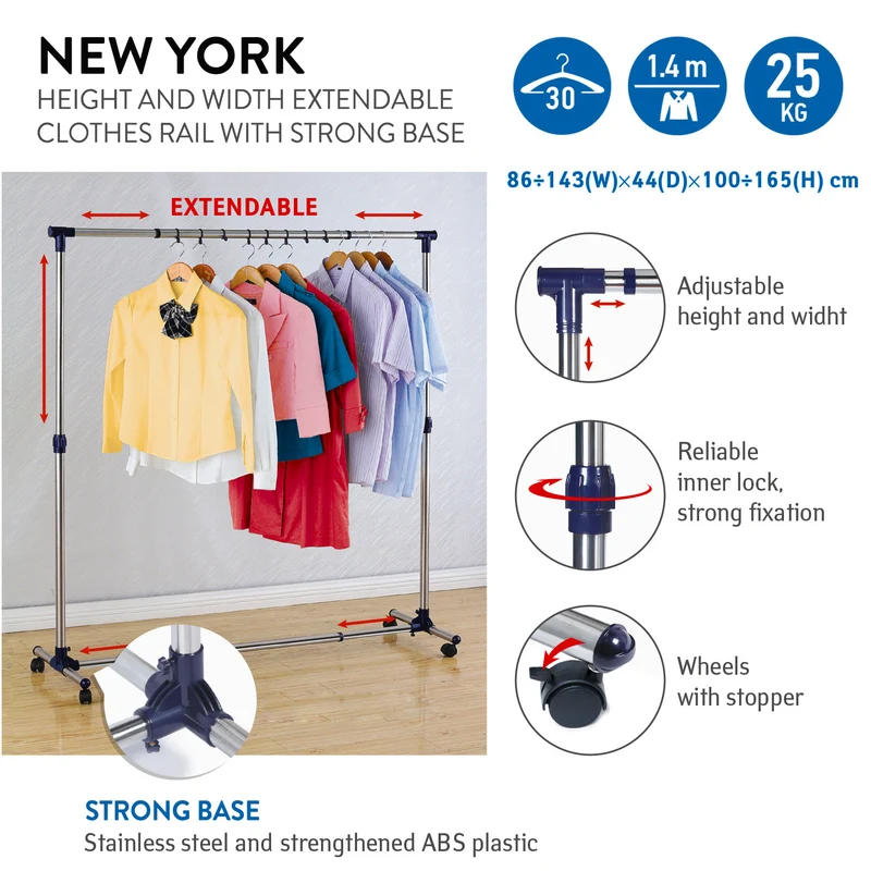 Tatkraft New York – Kleiderständer mit ausziehbarer Länge und Höhe, auf Rollen, 86–143 × 44 × 100–165 cm, aus Stahl, Edelstahl und ABS-Kunststoff