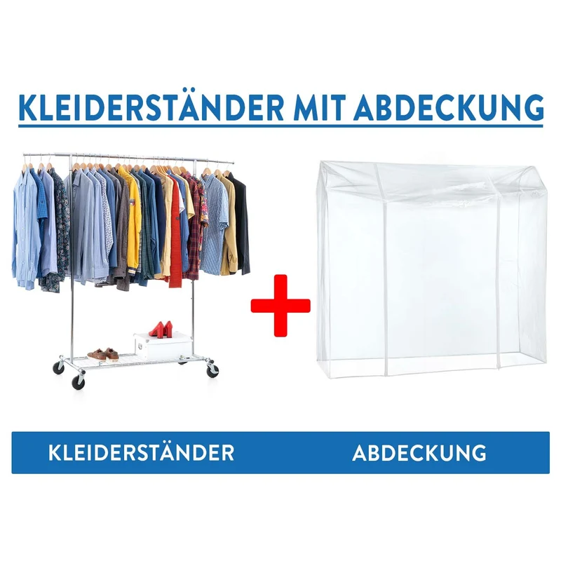 Tatkraft Duncan & Big - Schwerlast Kleiderständer mit Abdeckung, auf Rollen, mit Ablage, bis 100 Kg, Profi, Faltbar, Verstellbar, Verchromt Stahl