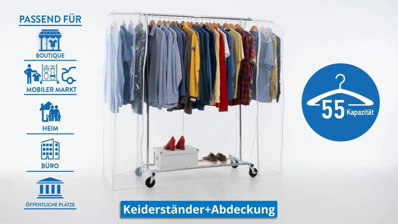Tatkraft Duncan & Big - Schwerlast Kleiderständer mit Abdeckung, auf Rollen, mit Ablage, bis 100 Kg, Profi, Faltbar, Verstellbar, Verchromt Stahl