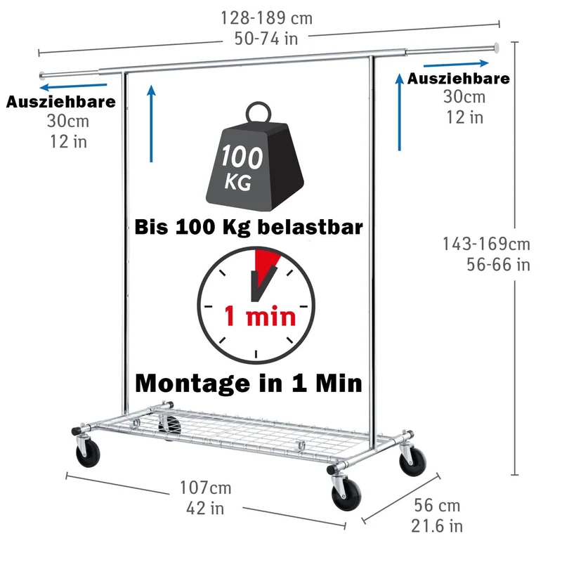 Tatkraft Duncan & Big - Schwerlast Kleiderständer mit Abdeckung, auf Rollen, mit Ablage, bis 100 Kg, Profi, Faltbar, Verstellbar, Verchromt Stahl