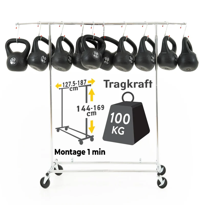 Tatkraft Drogo & Big Schwerlast Kleiderständer mit Schutzhülle, Faltschrank Stabil auf Rollen, bis 100Kg, Profi, Faltbar, Verstellbar, Verchromt Stahl