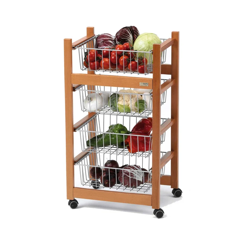 ARIT Ginger – Küchenwagen aus massiver Buche mit 4 Schiebekörben und Rollen, Kirschbaumfarbe, Made in Italy