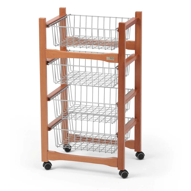 ARIT Ginger – Küchenwagen aus massiver Buche mit 4 Schiebekörben und Rollen, Kirschbaumfarbe, Made in Italy