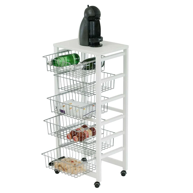ARIT - Küchenwagen mit arbeitsplatte GUSTAVO, Küchenrollwagen 5 Körbe, 1 Flaschenhalter, Rollwagen Küche, Küchenwagen holz, Weiß