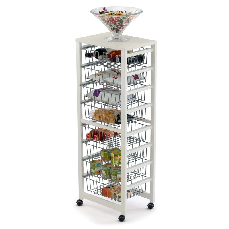 ARIT GUSTAVOTTO – Küchenwagen aus massiver Buche mit Arbeitsplatte, Metallkörben und Flaschenhalter, Weiß, Made in Italy