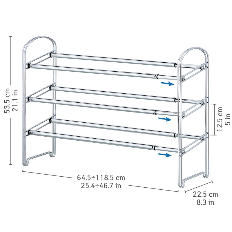 Tatkraft Maestro - Schuhregal, Schwerlast, 3 Etagen, Ausziehbar Länge 64,5 bis 118 cm, Schneller Aufbau, Robust und Stilvoll, aus Stahl