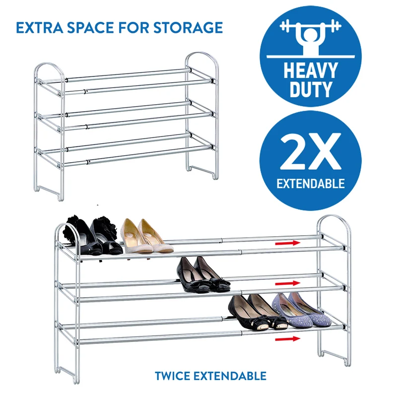 Tatkraft Maestro - Schuhregal, Schwerlast, 3 Etagen, Ausziehbar Länge 64,5 bis 118 cm, Schneller Aufbau, Robust und Stilvoll, aus Stahl