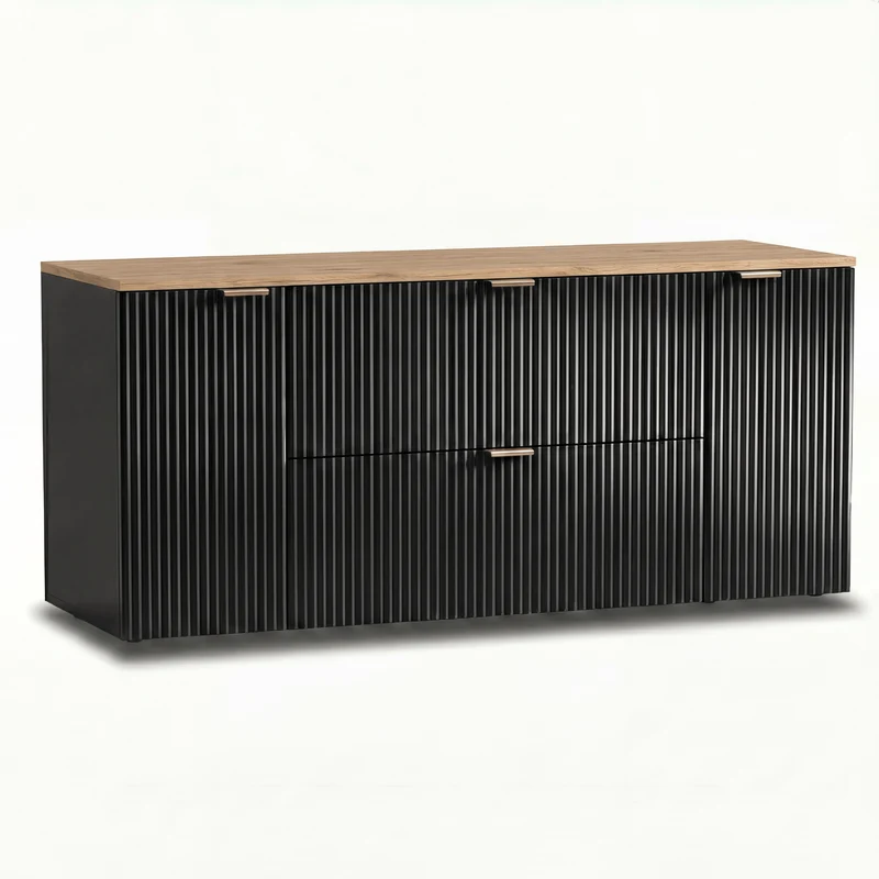 Waschtischunterschrank 140 cm mit 2 Türen und 2 Schubladen Willy - Schwarz, Walnussplatte