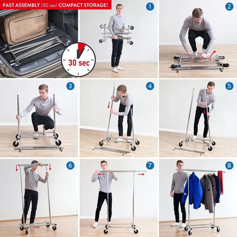 Tatkraft Darren Kleiderständer Stabil auf Rollen, bis 100 kg, Klappbar, Montage in 1 Min, Kleiderstange 91–132×45,4×160cm, verchromter Stahl