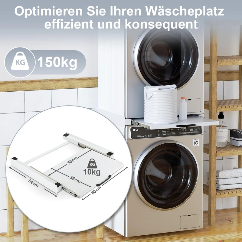 SWANEW Zwischenbaurahmen mit Ausziehplatte – 60×60 cm Verbindungsrahmen für Waschmaschine & Trockner – Ablage, Universell & Stabil