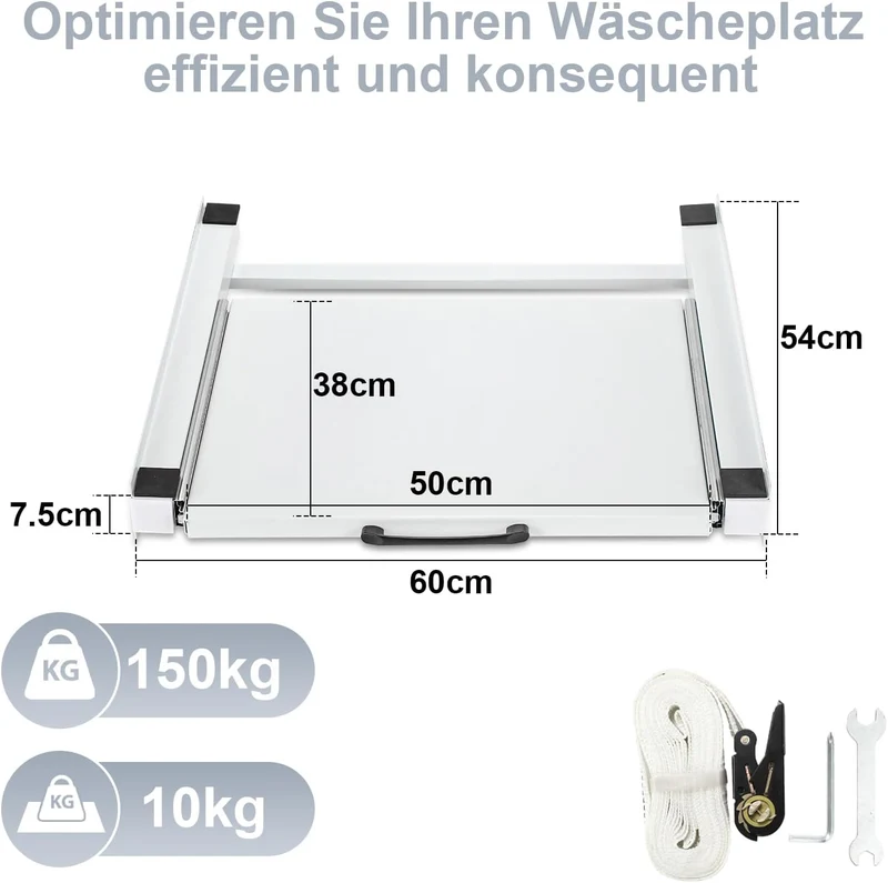 SWANEW Zwischenbaurahmen mit Ausziehplatte – 60×60 cm Verbindungsrahmen für Waschmaschine & Trockner – Ablage, Universell & Stabil