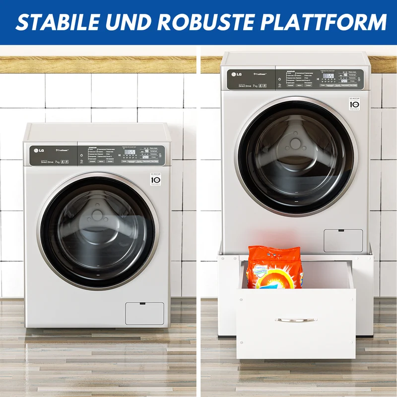 SWANEW Waschmaschinen-Untergestell mit Schublade – Verstellbares Universal-Podest 62.5x54.5x32.5cm für Waschmaschine & Trockner – Rutschfest & Stabil