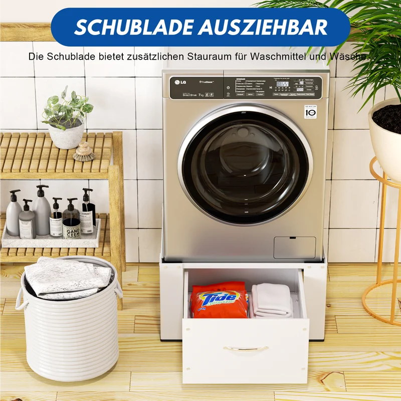 SWANEW Waschmaschinen-Untergestell mit Schublade – Verstellbares Universal-Podest 62.5x54.5x32.5cm für Waschmaschine & Trockner – Rutschfest & Stabil