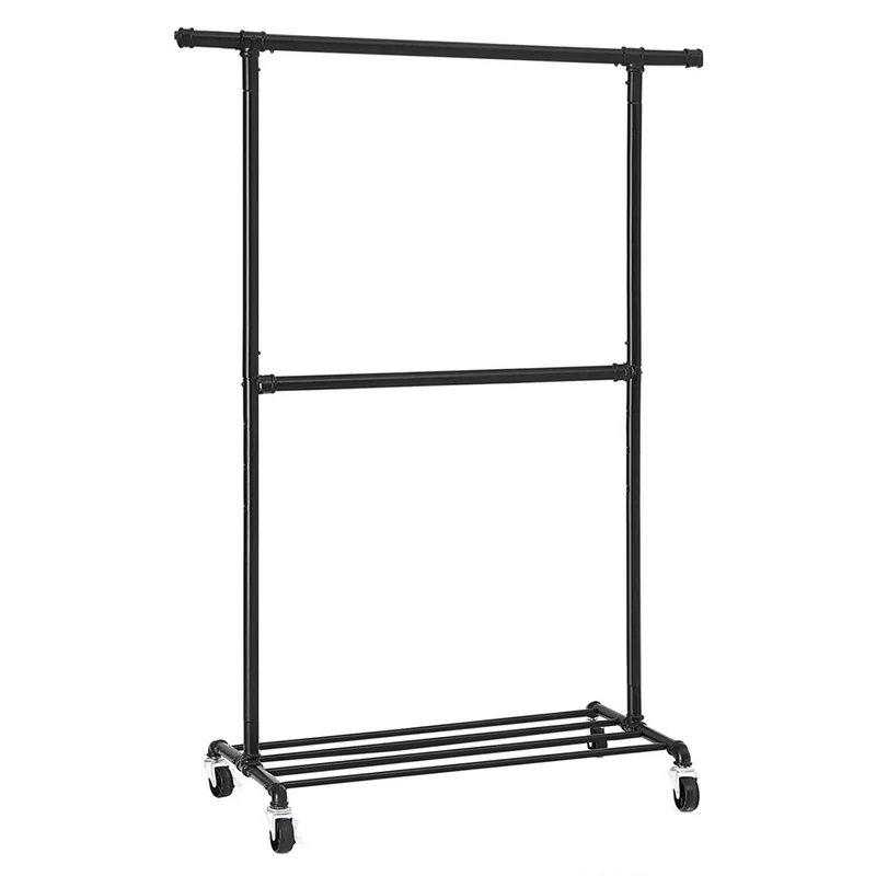 SONGMICS – Schwerlast-Kleiderständer auf Rollen, 2 Kleiderstangen, bis 110 kg, 130 × 49 × 198 cm, Schwarz