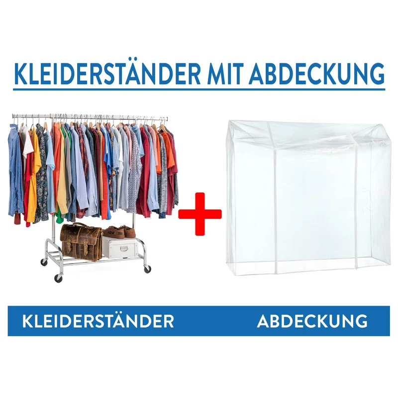 Tatkraft Tiger & Defender, Set, Schwerlast Kleiderständer auf Rollen mit Abdeckung, Faltschrank, Stoffschrank Stabil, 92-160x50x147cm, Verchromt Stahl