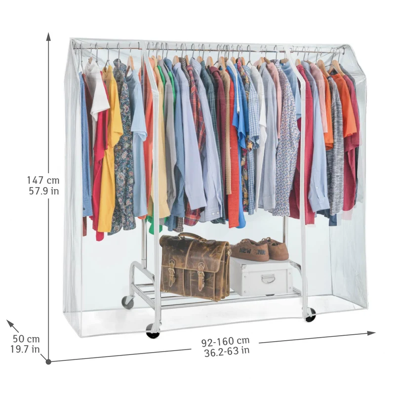 Tatkraft Tiger & Defender, Set, Schwerlast Kleiderständer auf Rollen mit Abdeckung, Faltschrank, Stoffschrank Stabil, 92-160x50x147cm, Verchromt Stahl