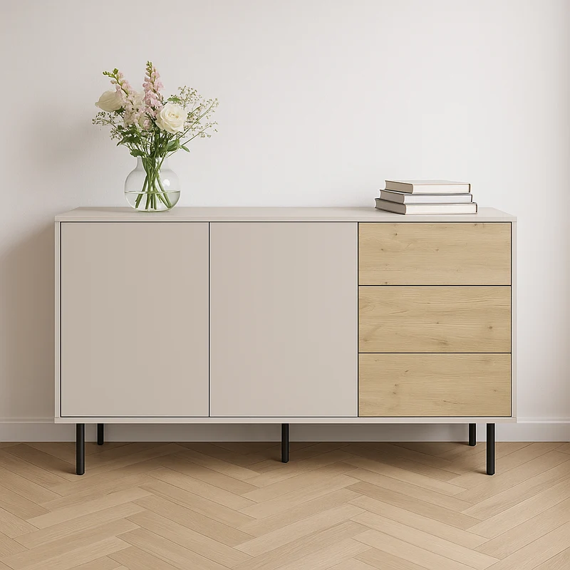 Kommode 150 cm, 2 Türen 3 Schubladen Lola - Kaschmir/Eiche