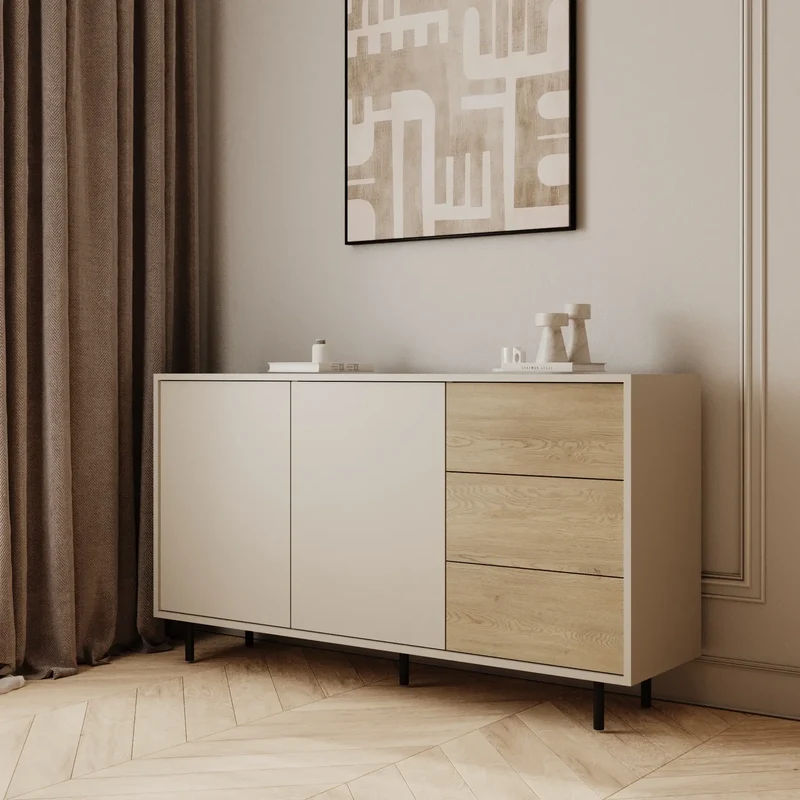 Kommode 150 cm, 2 Türen 3 Schubladen Lola - Kaschmir/Eiche