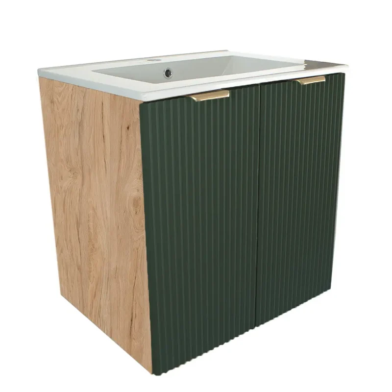 Waschtischunterschrank 60 cm mit Waschbecken, mit Türen Willy - Salbei/Walnuss