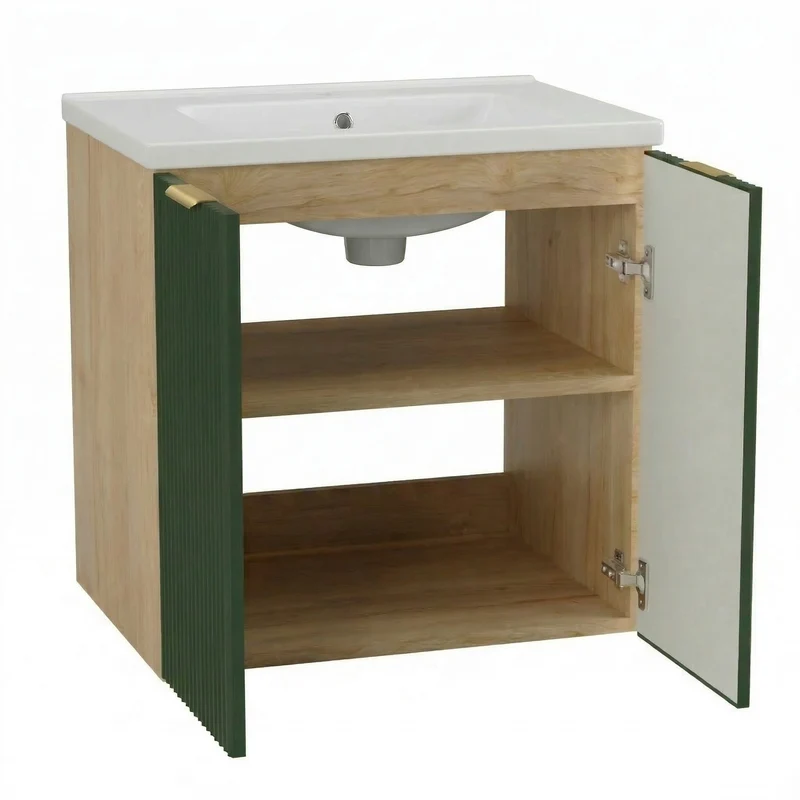 Waschtischunterschrank 60 cm mit Waschbecken, mit Türen Willy - Salbei/Walnuss