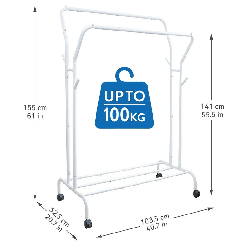 Tatkraft Swan – Schwerlast-Kleiderständer auf Rollen, 2 Kleiderstangen, Ablage und 4 Haken, bis 100 kg, 103,5 × 52,5 × 155 cm, Weiß
