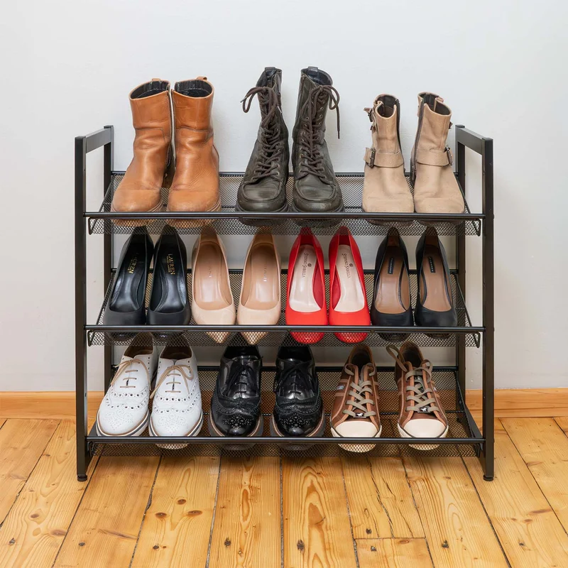 Tatkraft Willis – Schuhregal Metall, Schuhregal 3 Ablagen, flach oder geneigt verstellbar, Schuhragal Schmall, Schwarz
