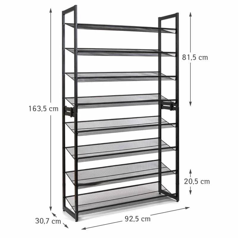 Tatkraft Giza – Schuhregal Metall, 8 Ablagen für bis zu 40 Paar Schuhe, bis 80 kg, stapelbar, Schuhregal Schmal, 92,3×30,5×163,4 cm, Schwarz