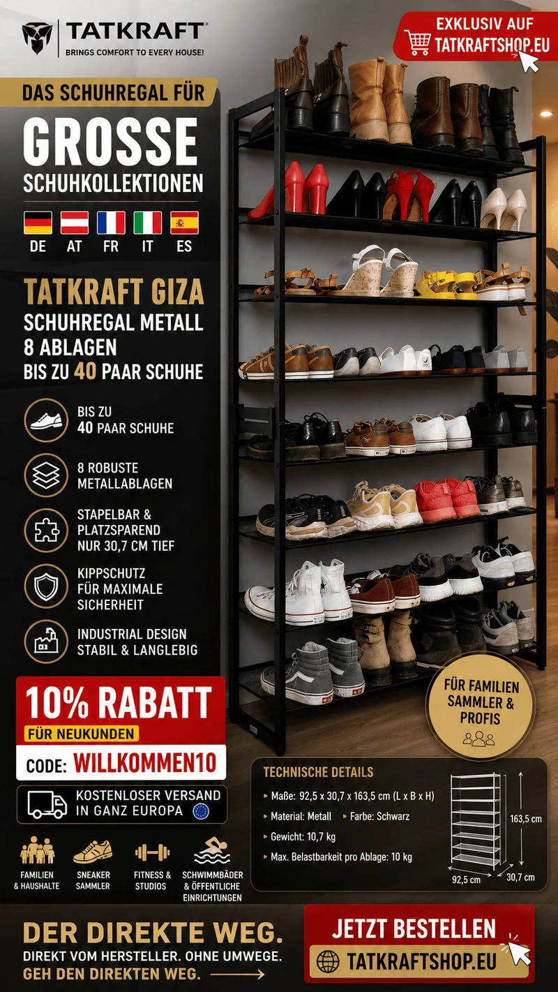 Tatkraft Giza – Schuhregal Metall, 8 Ablagen für bis zu 40 Paar Schuhe, bis 80 kg, stapelbar, Schuhregal Schmal, 92,3×30,5×163,4 cm, Schwarz