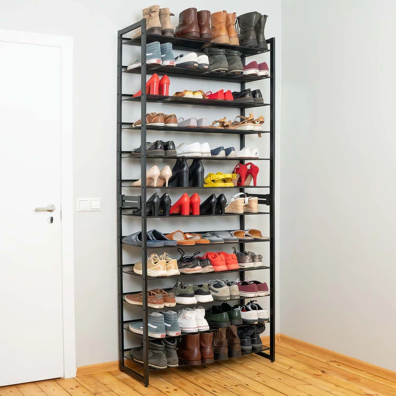 Tatkraft Eiffel – Schwerlast Schuhregal Metall, 12 Ablagen für bis zu 60 Paar Schuhe, bis 120 kg, Schuhragel Schmal, 92,5 × 30,7 × 223 cm, schwarz