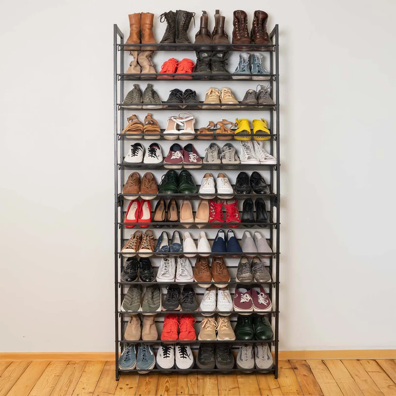 Tatkraft Eiffel – Schwerlast Schuhregal Metall, 12 Ablagen für bis zu 60 Paar Schuhe, bis 120 kg, Schuhragel Schmal, 92,5 × 30,7 × 223 cm, schwarz